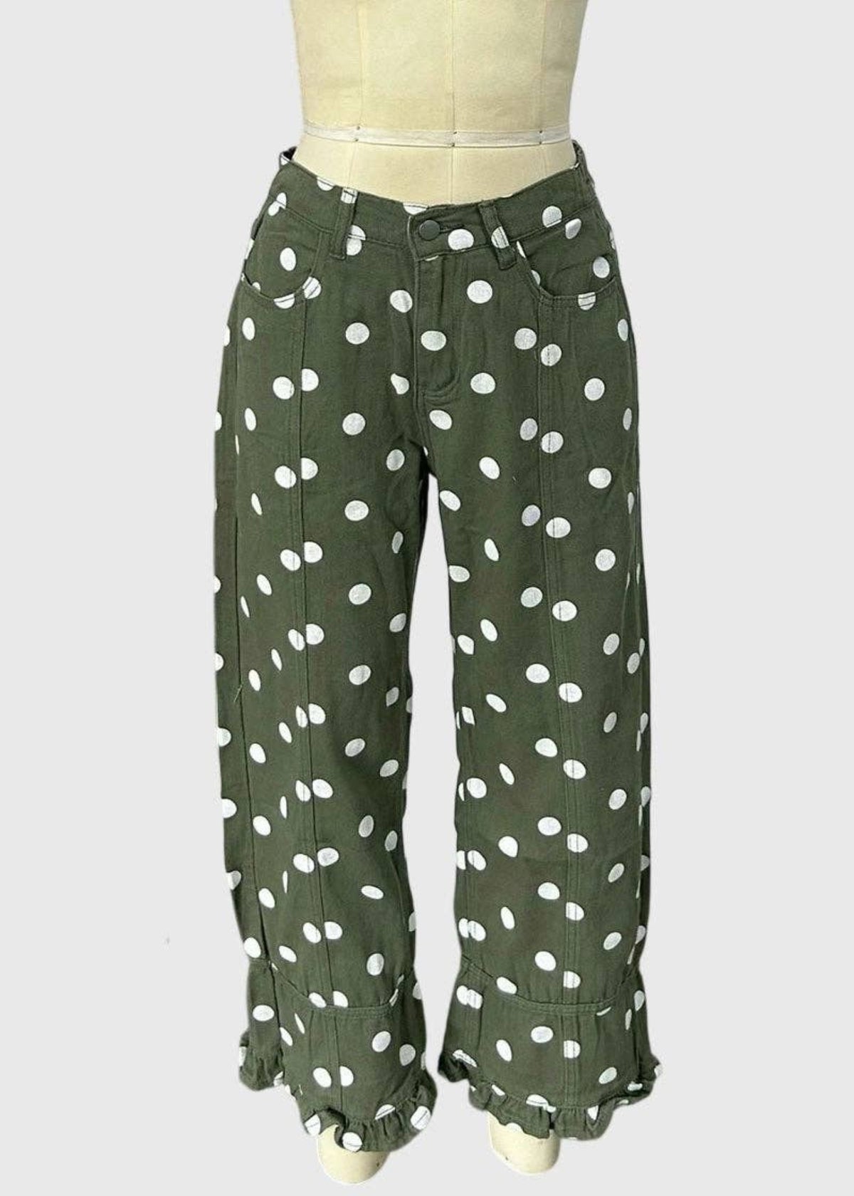 Polka Dot Ruffle Hem Baggy Jeans
