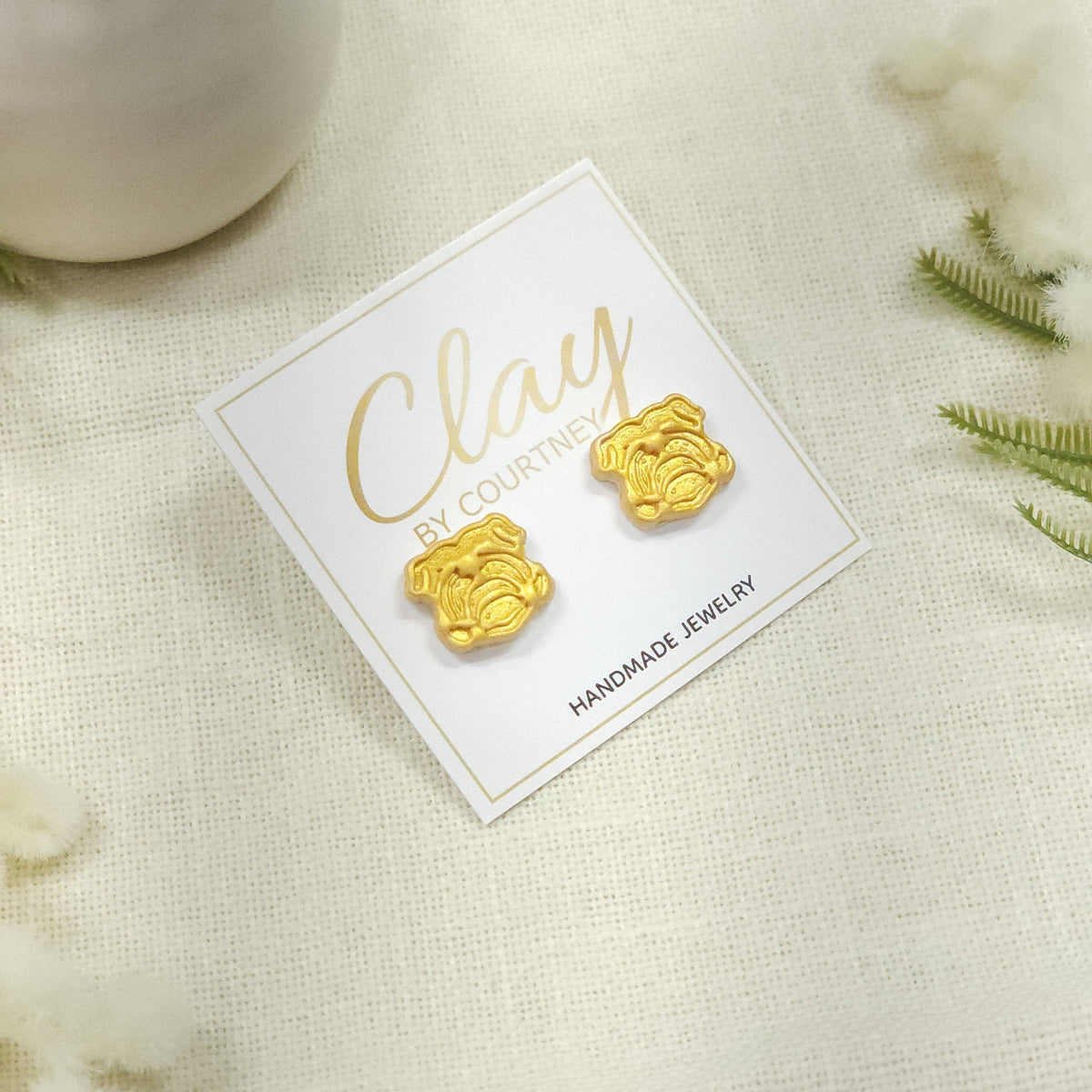 White and Gold Bulldog Earrings