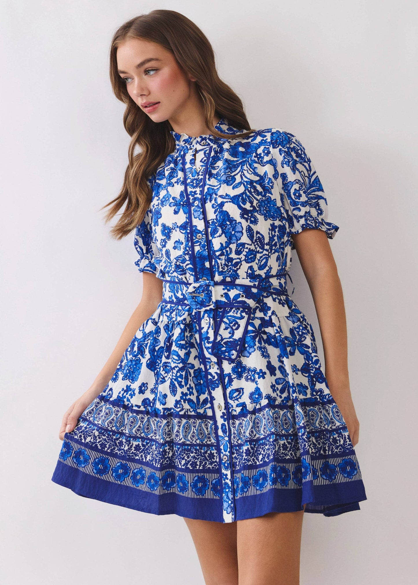 Floral Print Removable Belted Mini Shirt Dress