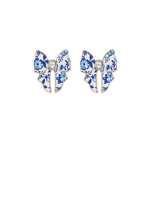 BOW W/ FLOWER PATTERN EARRINGS