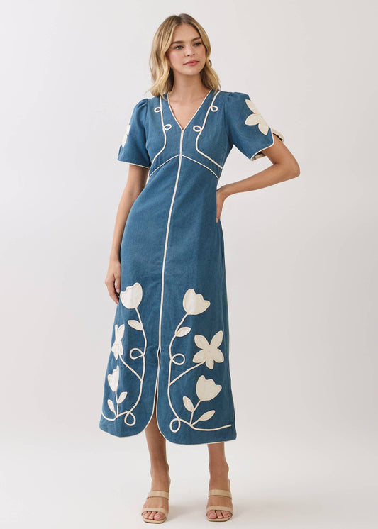 Floral Appliqué Contrast Trim Midi Dress