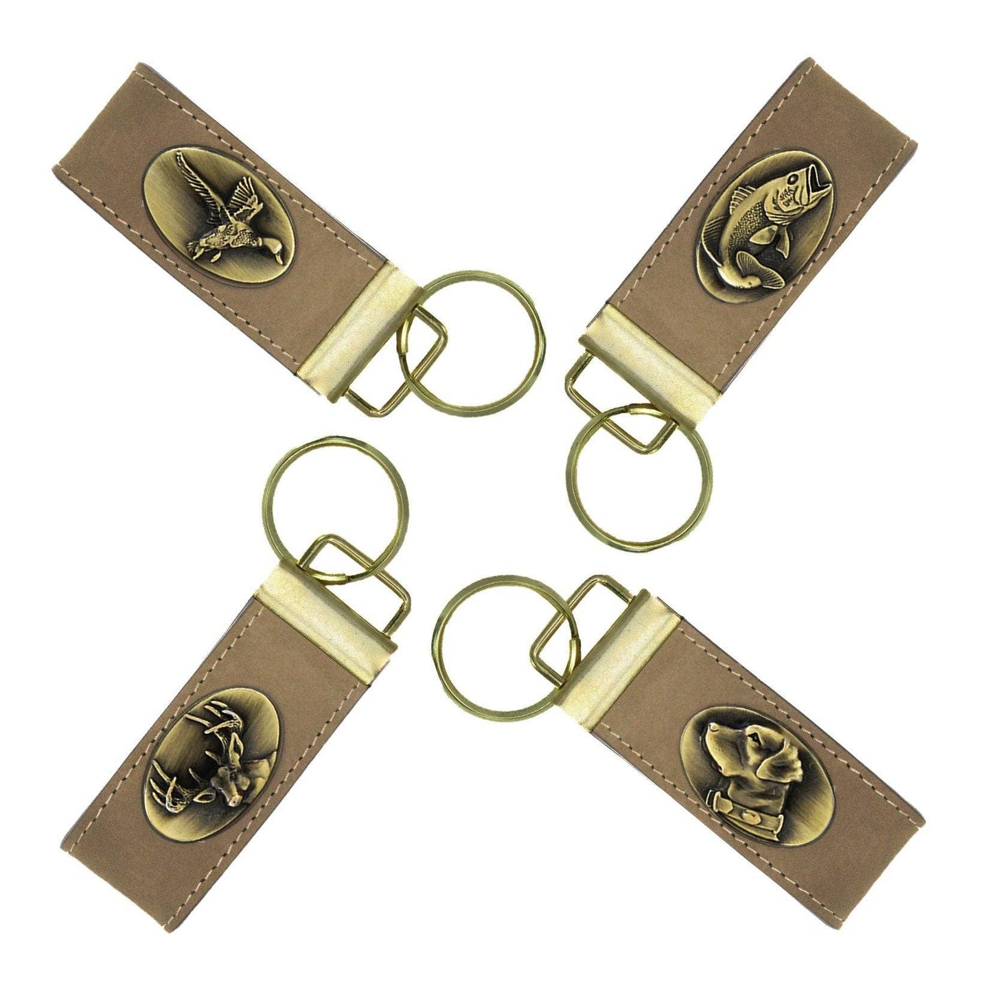 Leather Loop Key Fob. Crazyhorse Full Grain Leather With Antique Brass Logo. Bass, Dog, Deer, Mallard