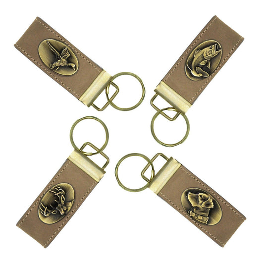 Leather Loop Key Fob. Crazyhorse Full Grain Leather With Antique Brass Logo. Bass, Dog, Deer, Mallard
