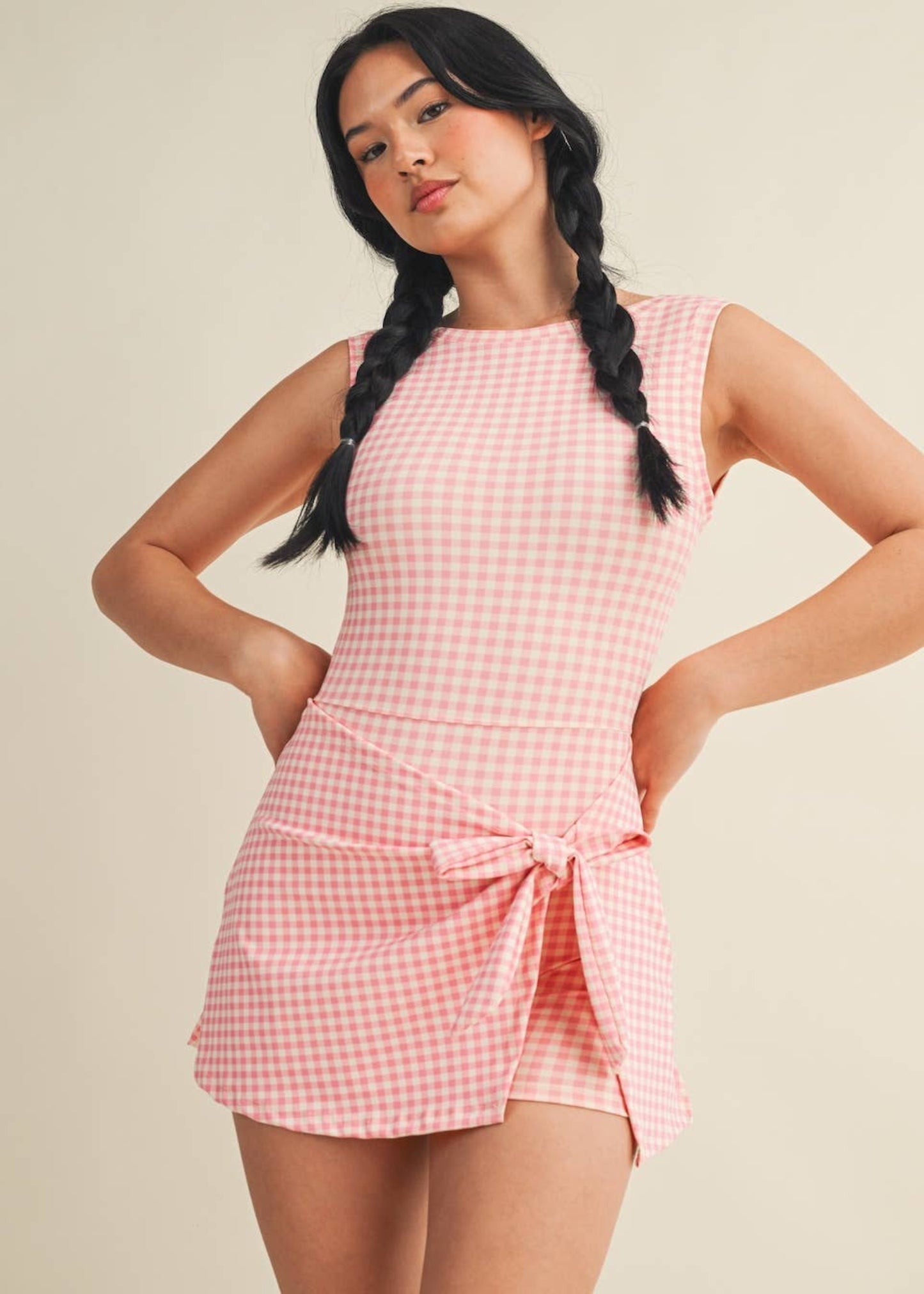 Gingham Print Sleeveless Wrap Tie Front Dress - pink