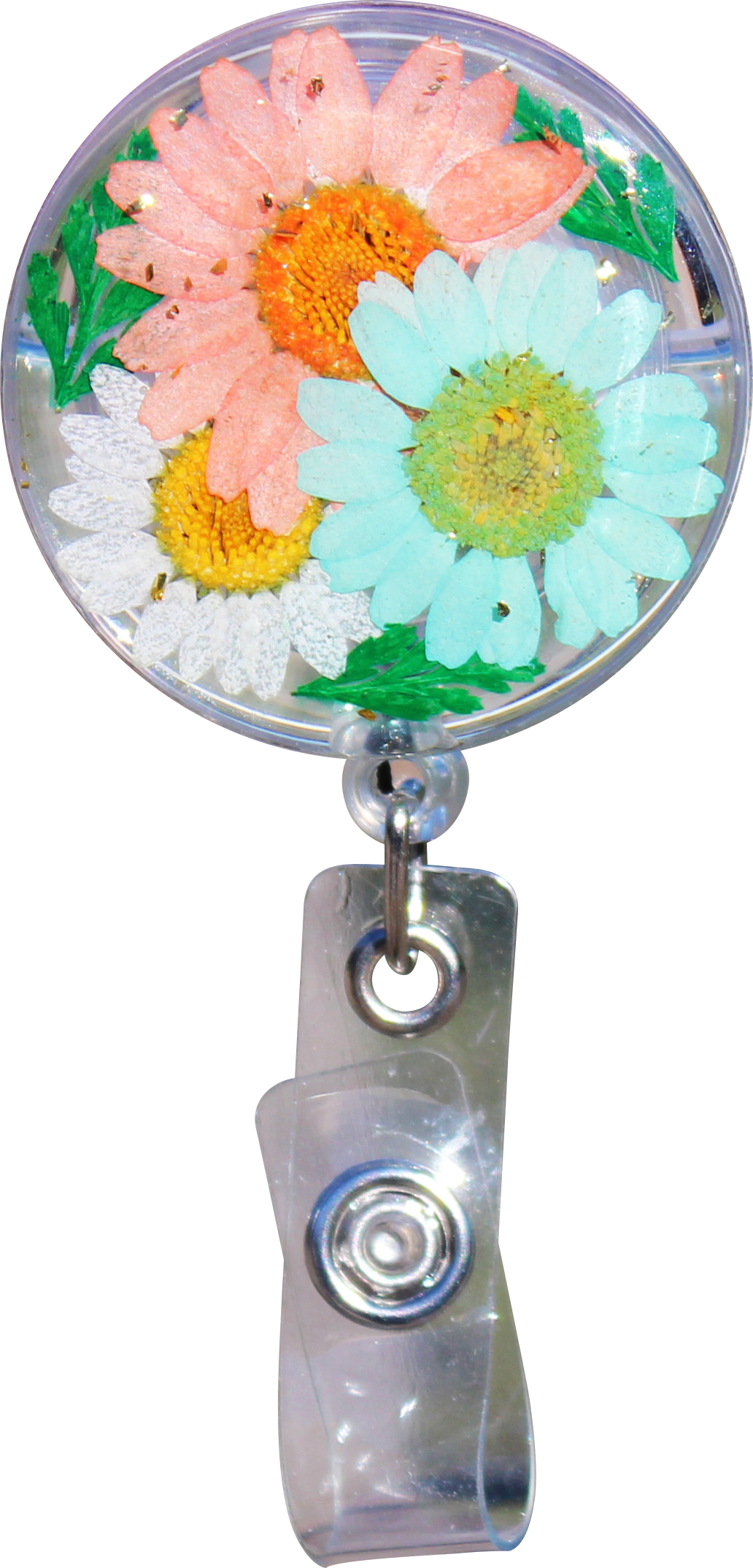 Glitterific Badge Reel Coral and Blue Flowers