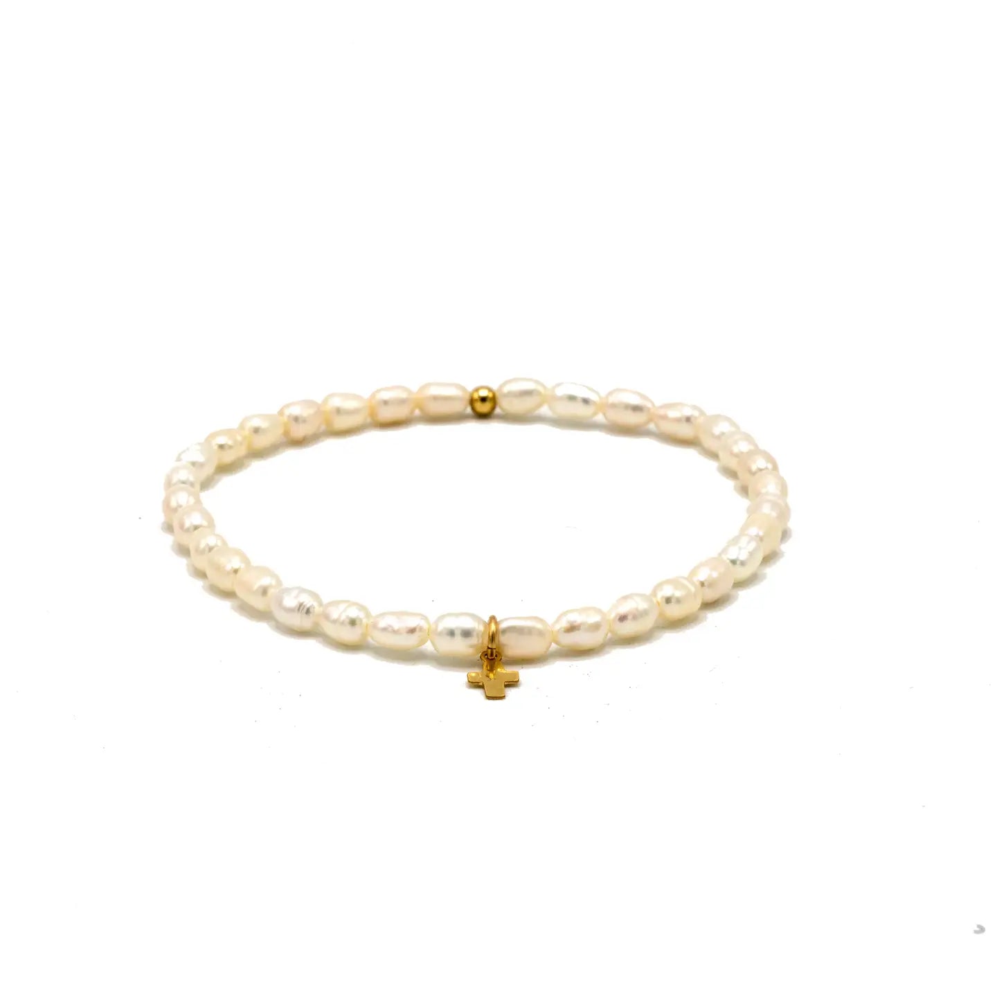 RICE PEARL WATERPROOF BRACELET WITH GOLD FILLED LUXE CROSS