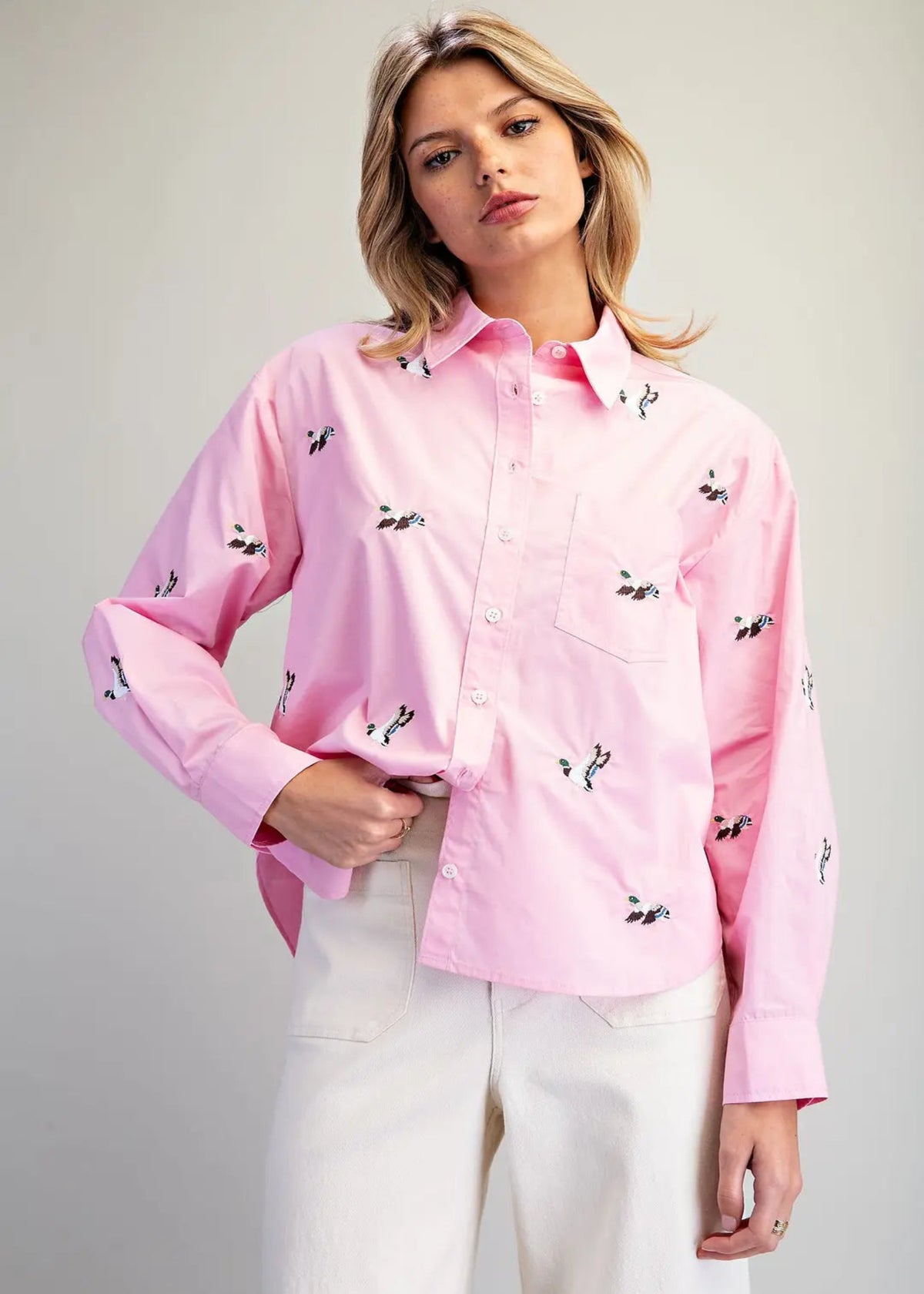 EMBROIDERED DUCK BUTTON DOWN - SWEET PINK