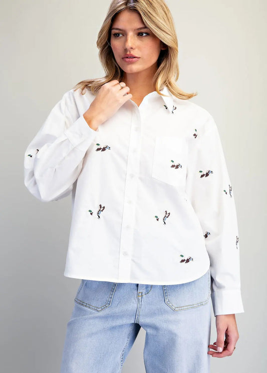 EMBROIDERED DUCK BUTTON DOWN - OFF WHITE