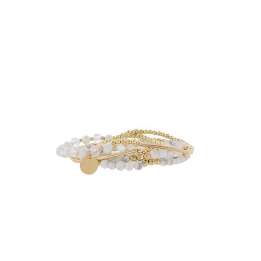 Set of 5 Clear, Howlite, Gold Beaded with Gold Bar & Disk Stretch Bracelet