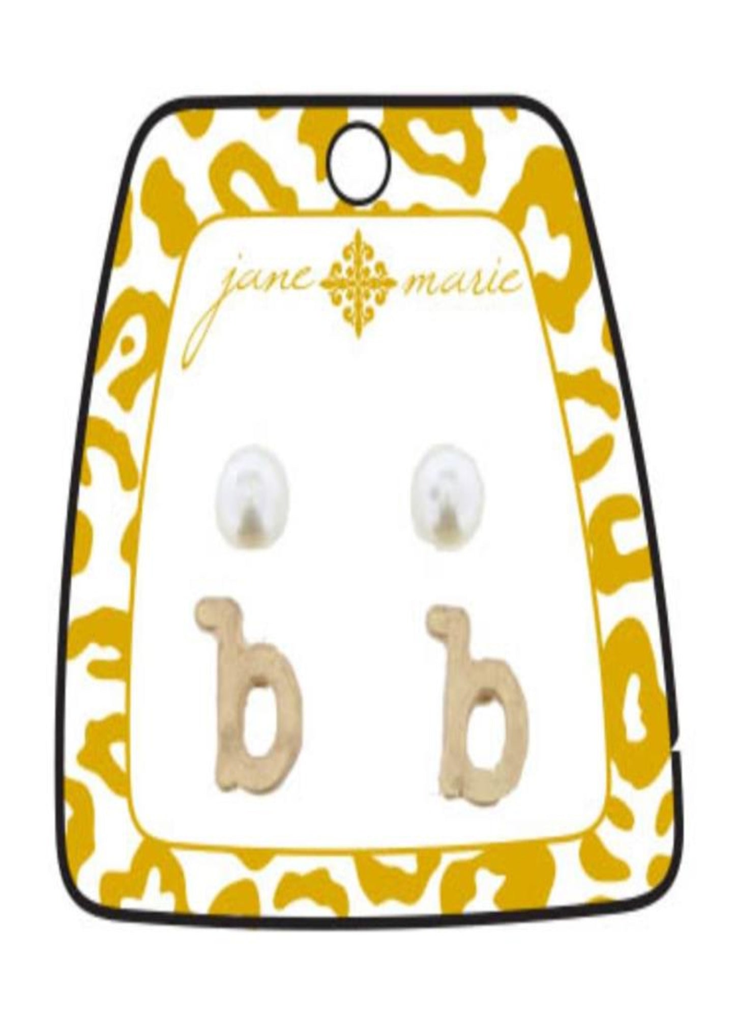 Gold Block Initial with Pearl Stud Earring