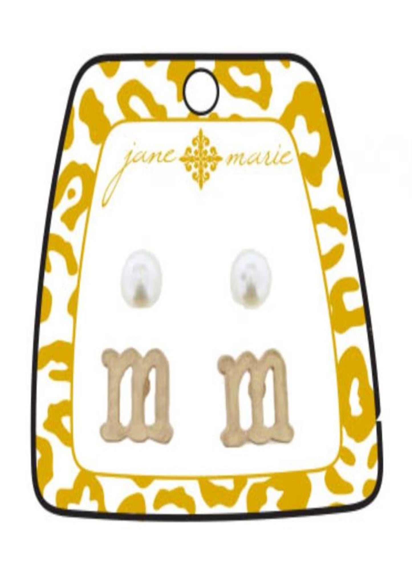 Gold Block Initial with Pearl Stud Earring