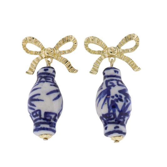 BLUE AND WHITE GINGER JAR EARRINGS WITH GOLD BOW