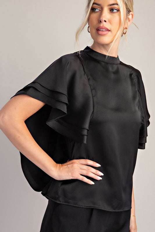 MOCK NECK RUFFLE SLEEVE SATIN TOP- BLACK