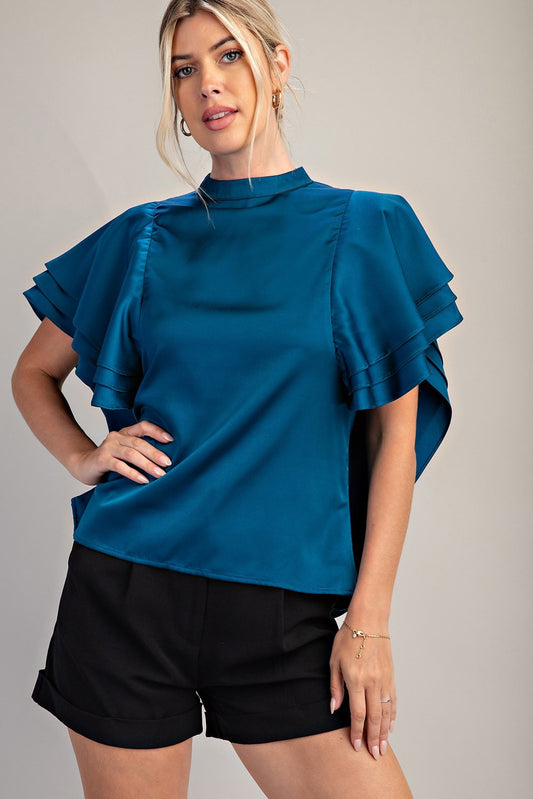 MOCK NECK RUFFLE SLEEVE SATIN TOP- TEAL