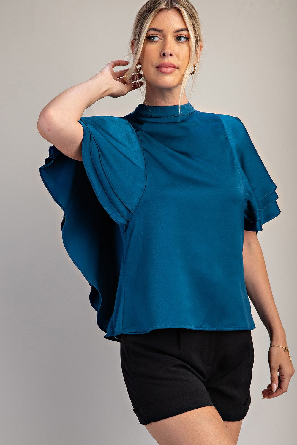 MOCK NECK RUFFLE SLEEVE SATIN TOP- TEAL