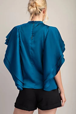 MOCK NECK RUFFLE SLEEVE SATIN TOP- TEAL