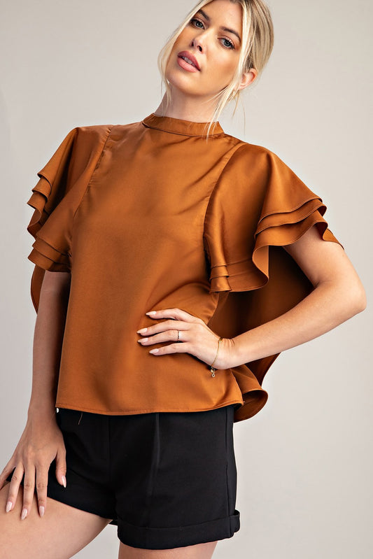 MOCK NECK RUFFLE SLEEVE SATIN TOP- CAMEL