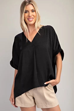 JANE V-NECK HIGH LOW BLOUSE-BLACK