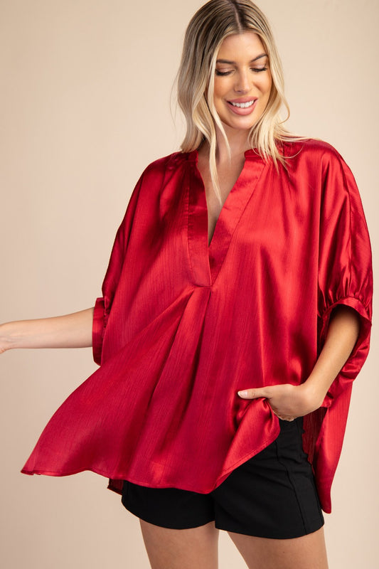 BAYLEY OVERSIZED SATIN TOP - BURGUNDY