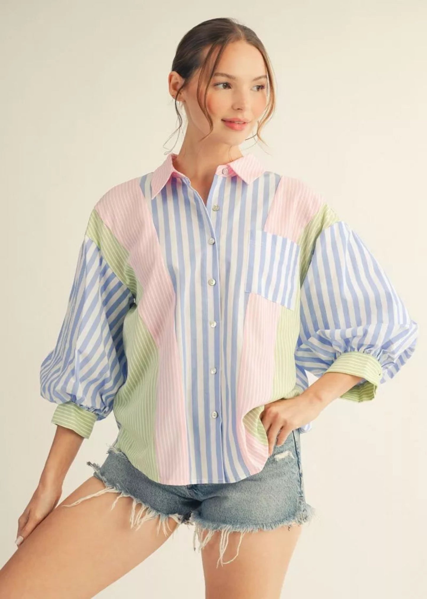SHERBERT BUTTON UP - BLUE/PINK PLUS SIZE
