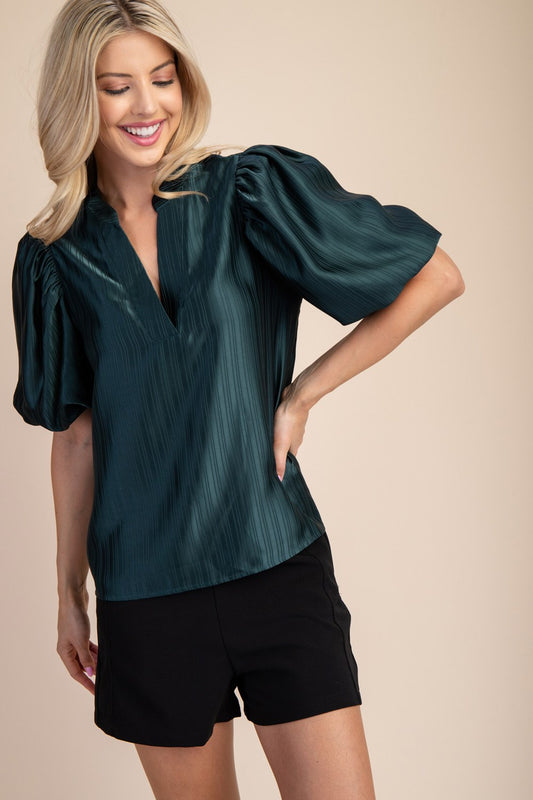 V-NECK PUFF-SLEEVE TOP- HUNTER GREEN