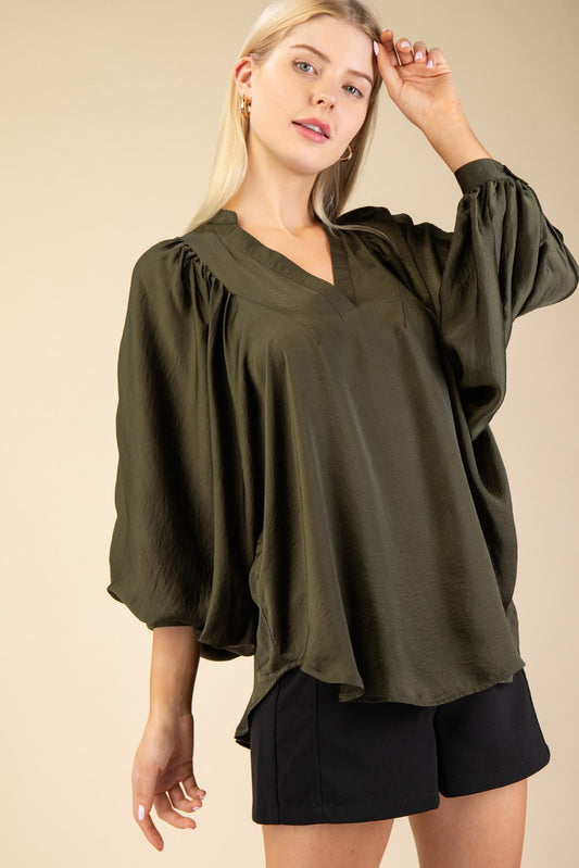 V-NECK BAND SHIRRING SLEEVE TOP-OLIVE