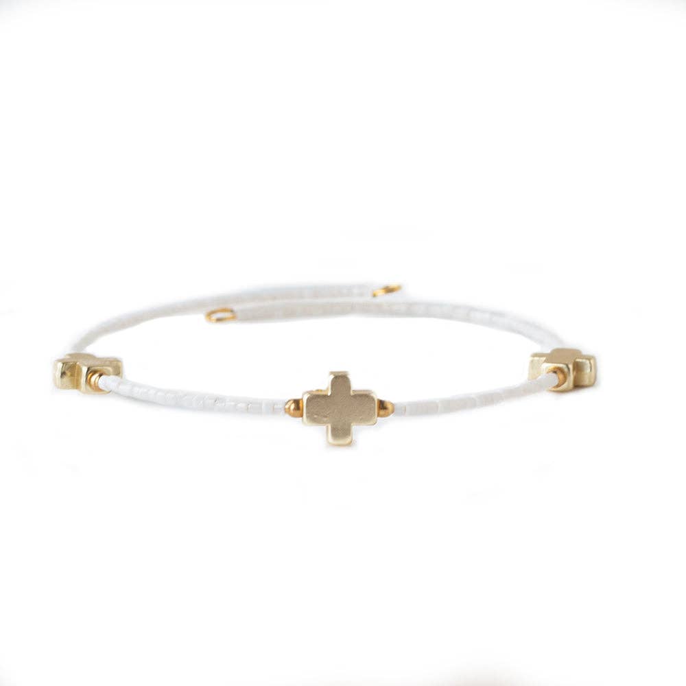 Faithful Beaded Cross Bangle w/ Matte Gold Crosses-White