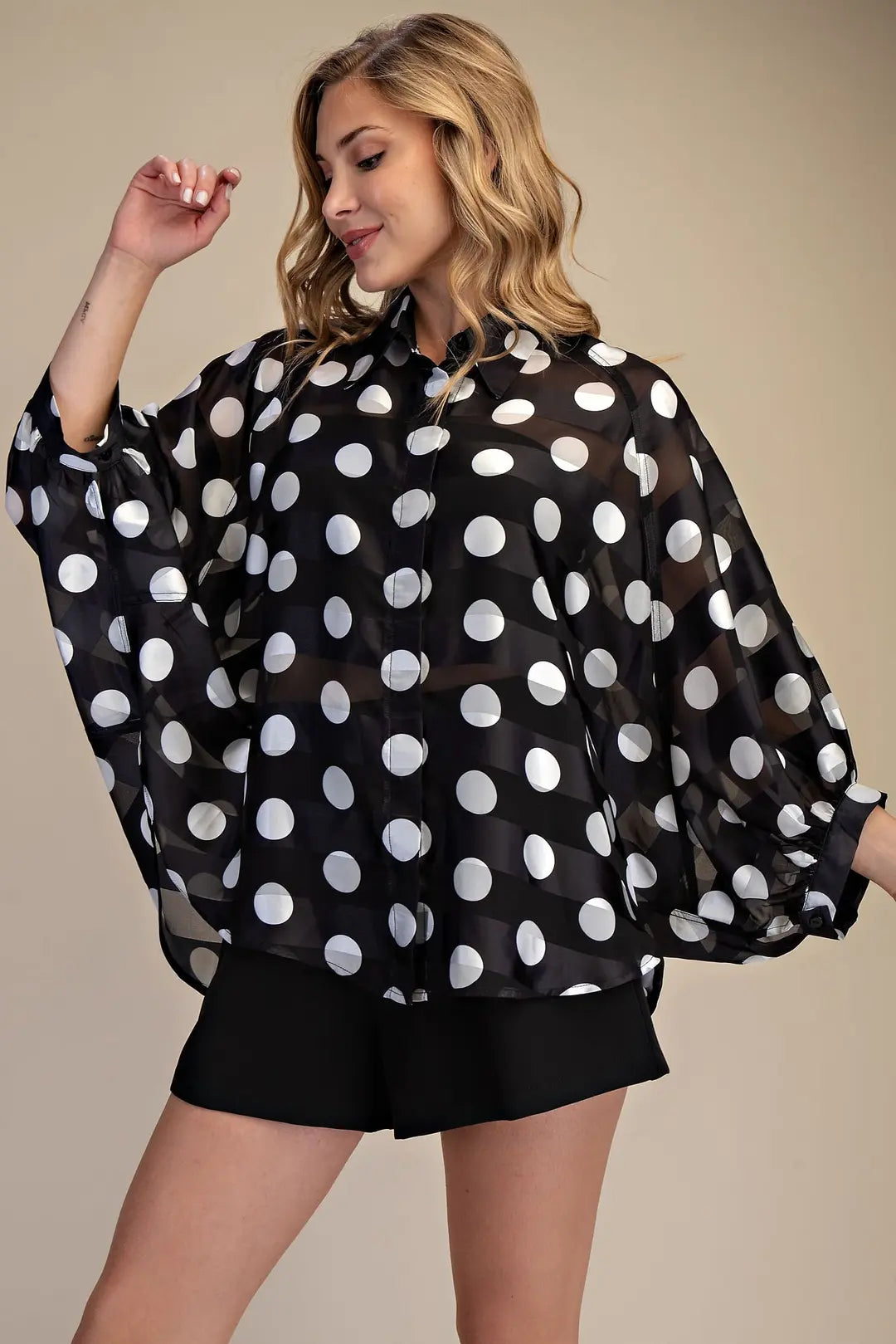 BECCA TOP - BLACK WITH WITE POLKA DOTS