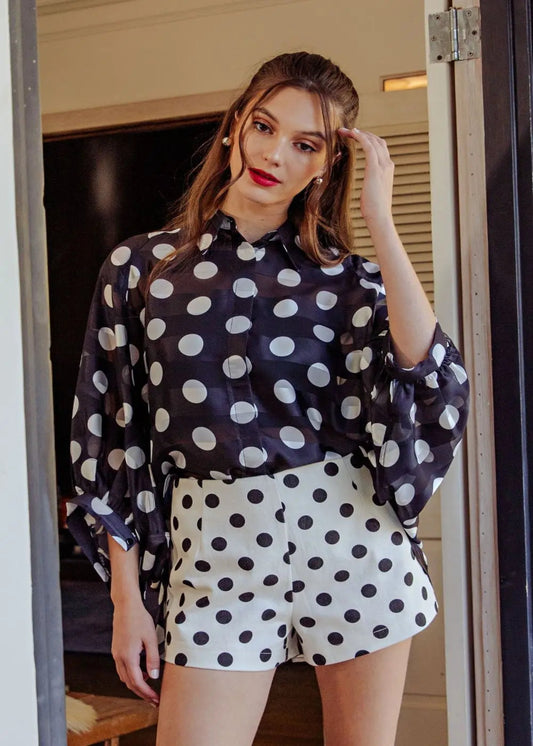 BECCA TOP - BLACK WITH WITE POLKA DOTS