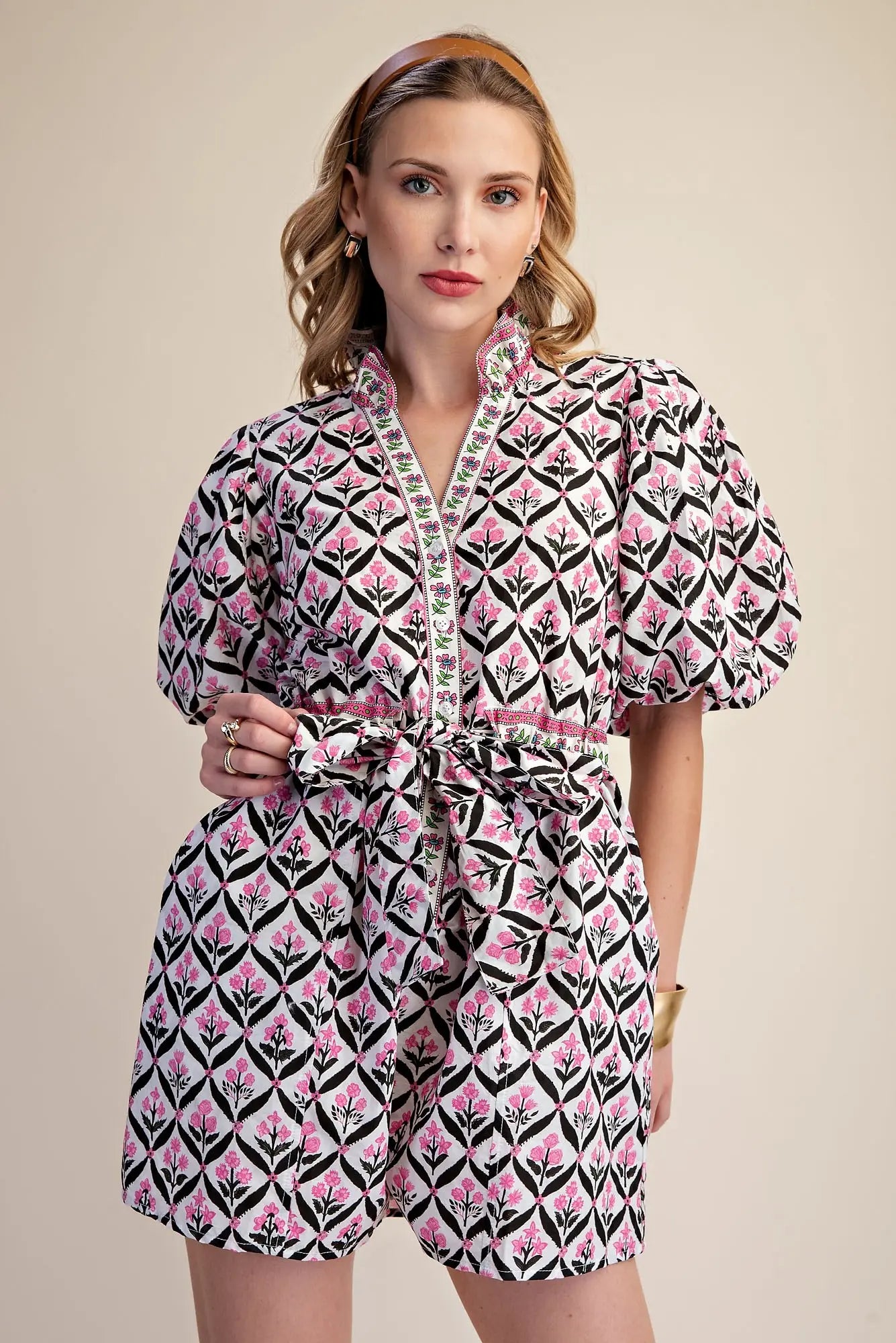 HARLOW RUFFLE NECK PUFF SLEEVE ROMPER-PINK