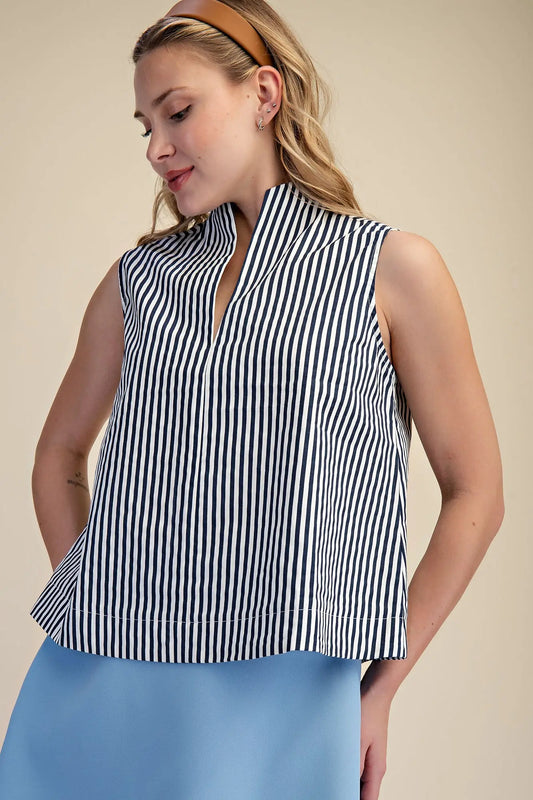 LIZZIE STAND COLLAR SLIT V-NECK SLEEVELESS STRIPE TOP-NAVY