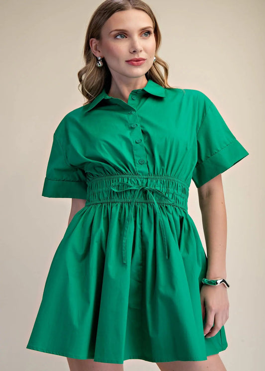 KIMBER COLLAR NECK WAIST ELASTIC MINI DRESS-KELLY GREEN
