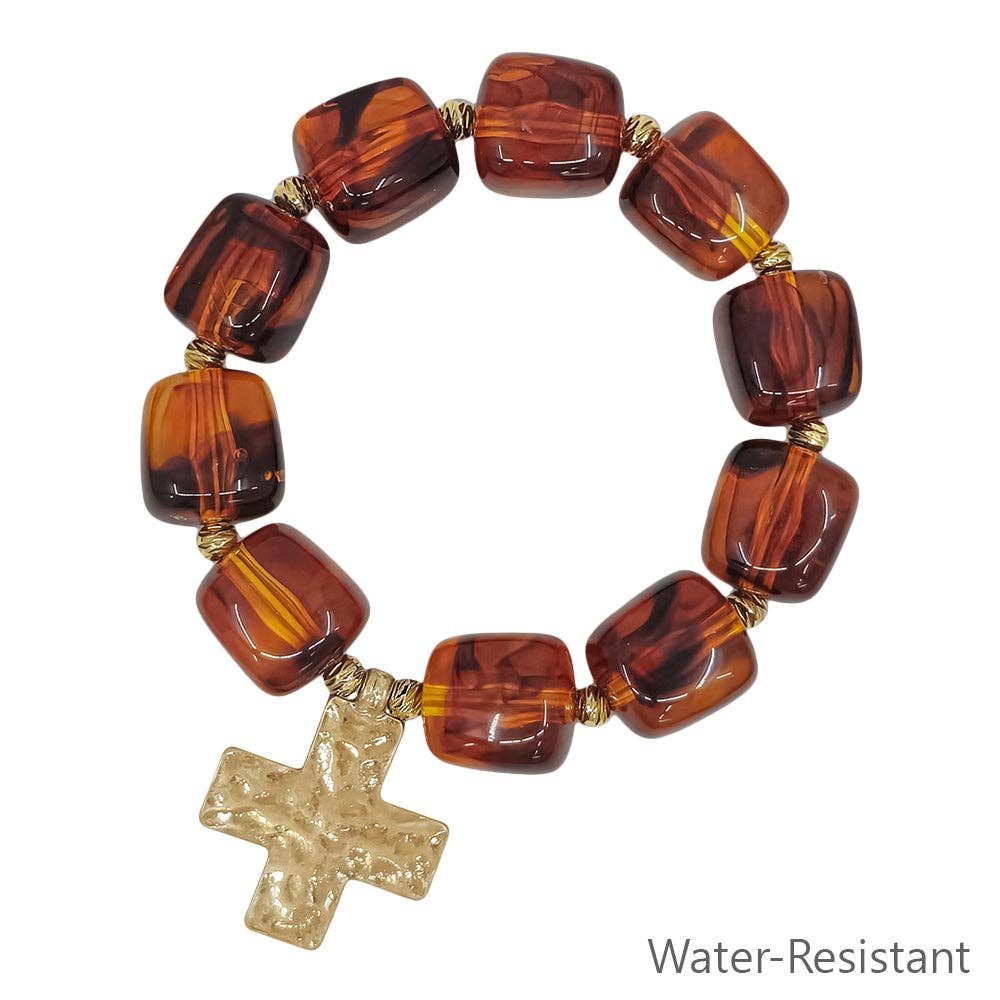 16MM Dark Brown Resin Beaded Cross Stretch Bracelets