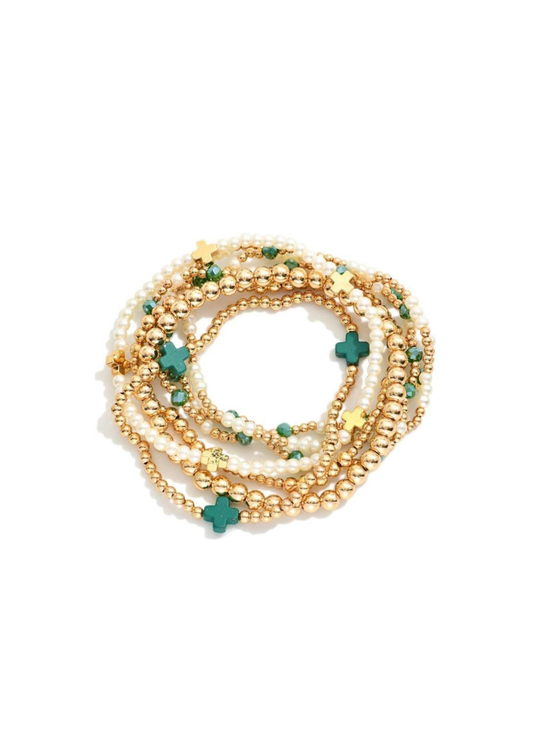 SET OF SEVEN GOLD TONE BEADED BRACELETS - GREEN