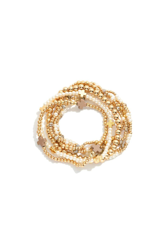 SET OF SEVEN GOLD TONE BEADED BRACELETS - CREAM