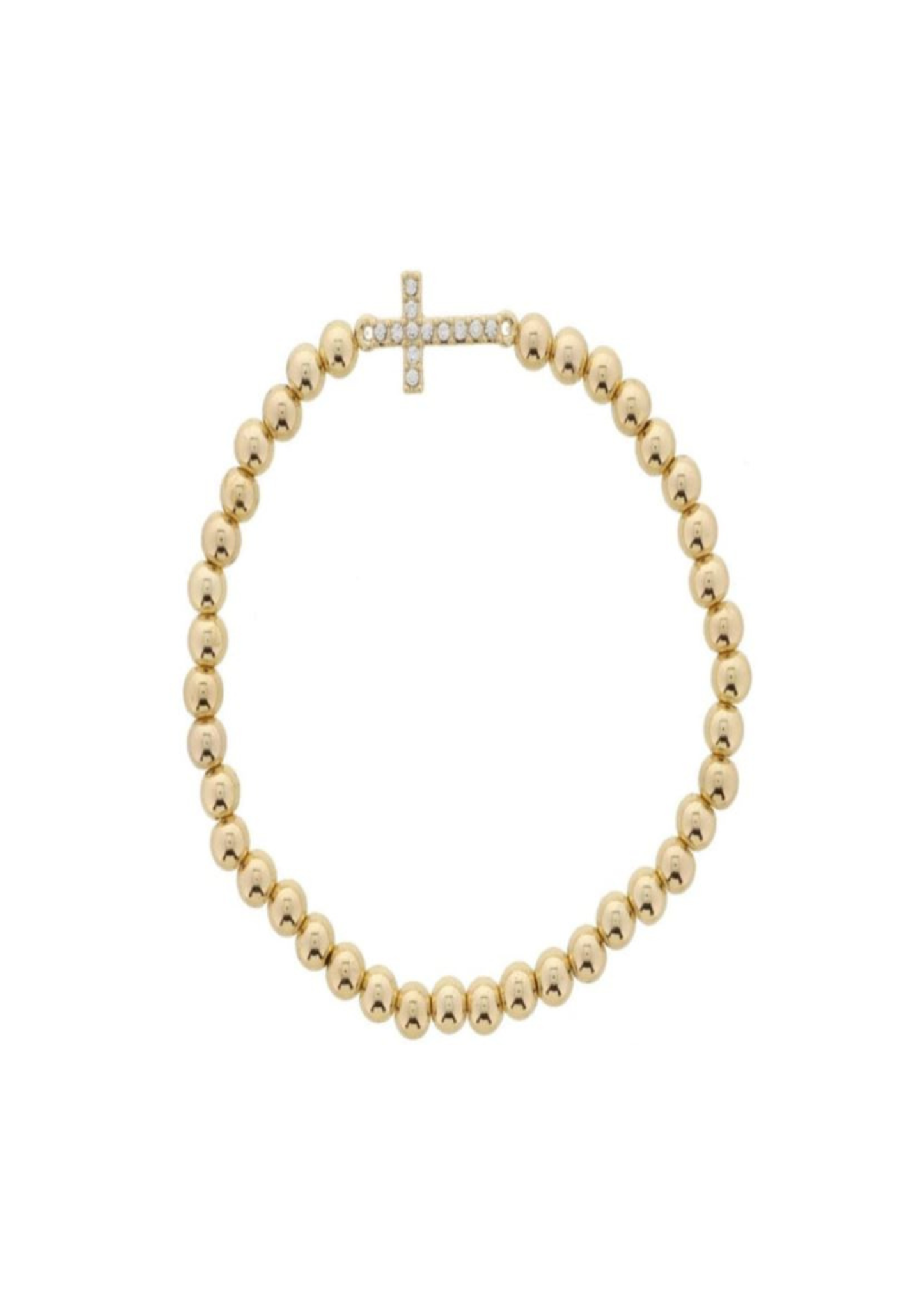 18K Gold Plated Gold Ball Beaded with Sideways Crystal Cross Bracelet