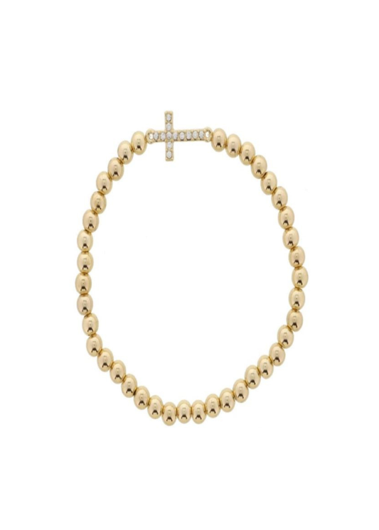 18K Gold Plated Gold Ball Beaded with Sideways Crystal Cross Bracelet