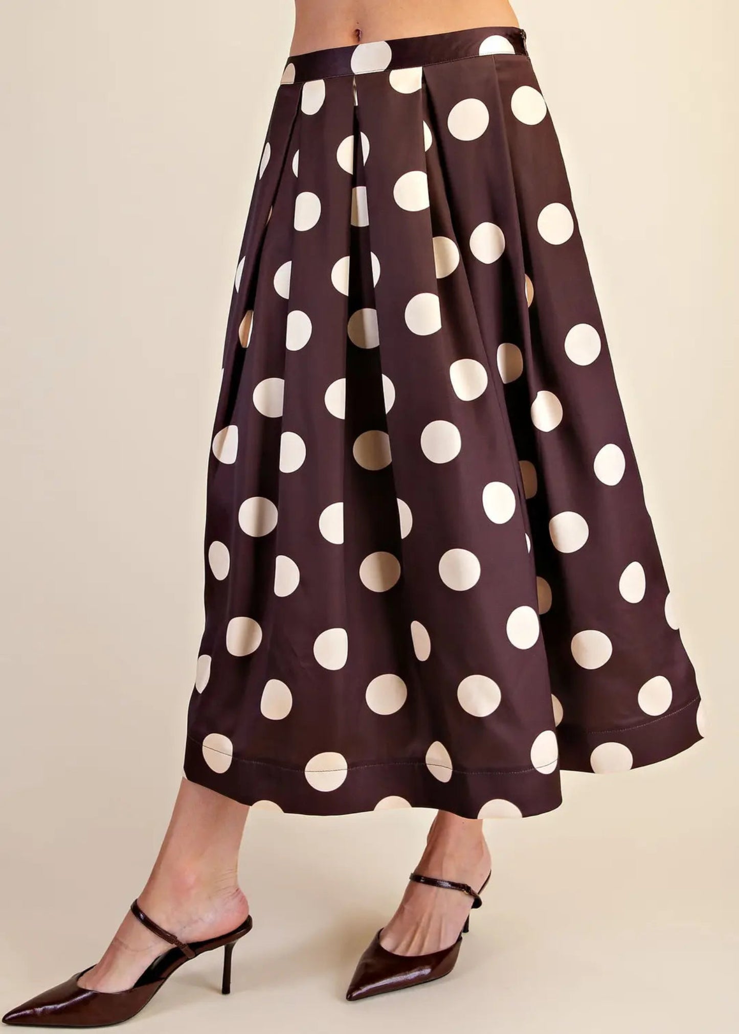 HIGH WAIST PLEATED MIDI POLKA DOT SKIRT