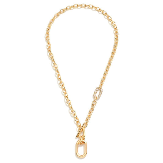 Chain Link Necklace Featuring Pave Rhinestone Link &amp; Rectangular Toggle Clasp