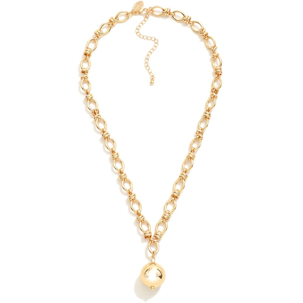 Oval Chain Link Necklace Featuring Layered Metal Hoop Stations & Ball Pendant
