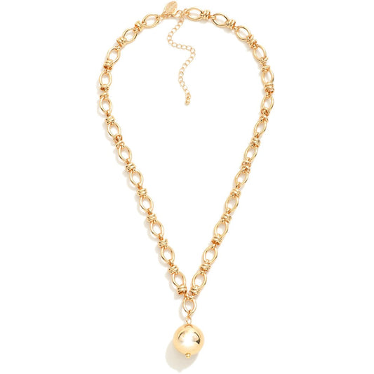 Oval Chain Link Necklace Featuring Layered Metal Hoop Stations & Ball Pendant