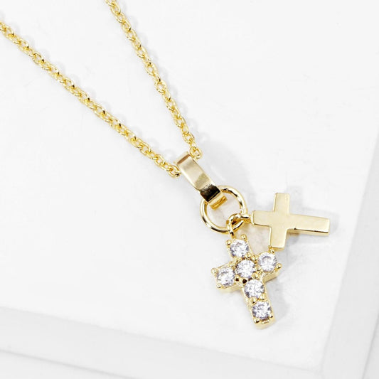Dainty Chain Link Necklace Featuring Cubic Zirconia & Metal Tone Crosses Pendant