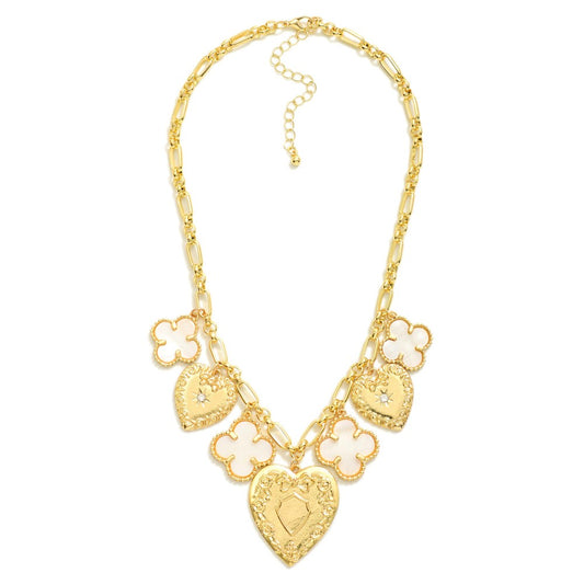 Chain Link Necklace Featuring Chunky Pearlescent Clovers & Heart Charms