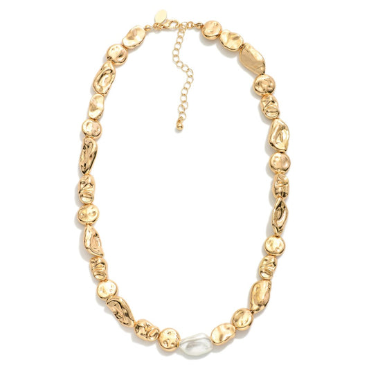 Chunky Barque Metal Tone Beaded Chain Necklace With Pearl Accents