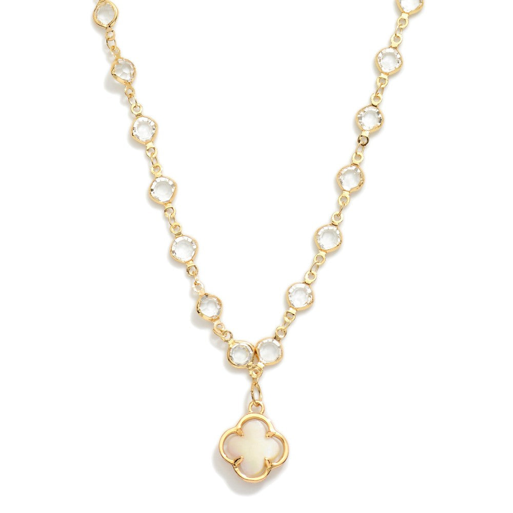 Chain Link Necklace With Glass Crystal Stations Featuring Clover Pendent