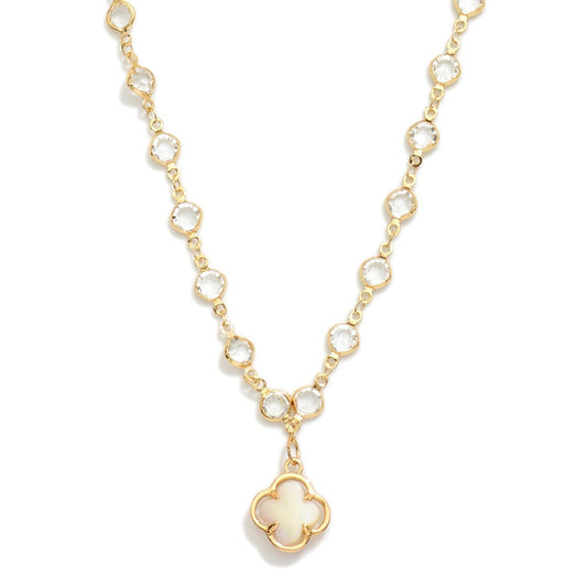 Chain Link Necklace With Glass Crystal Stations Featuring Clover Pendent