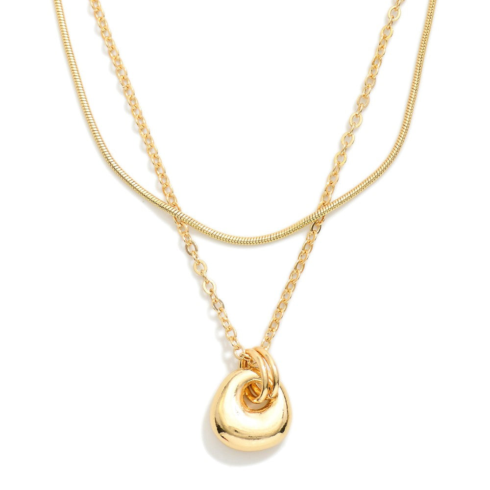 Layered Chain Link Necklace Featuring Metal Tone Geometric Shape Pendant