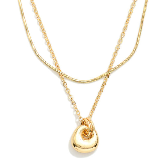 Layered Chain Link Necklace Featuring Metal Tone Geometric Shape Pendant