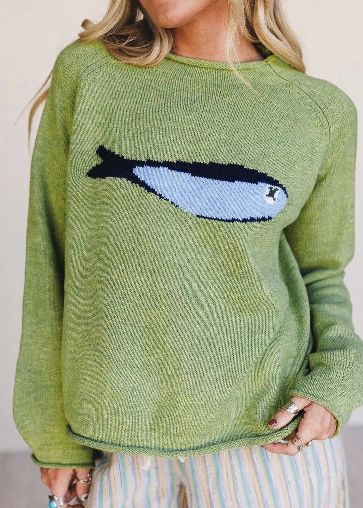 MEADOW MIST GREEN FISH KNIT SWEATER