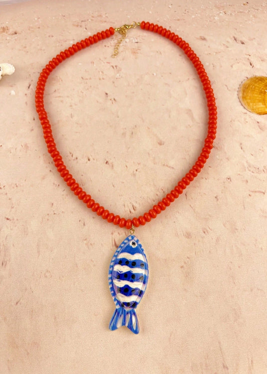 Handpainted Fish Pendant Beaded Necklace - RED